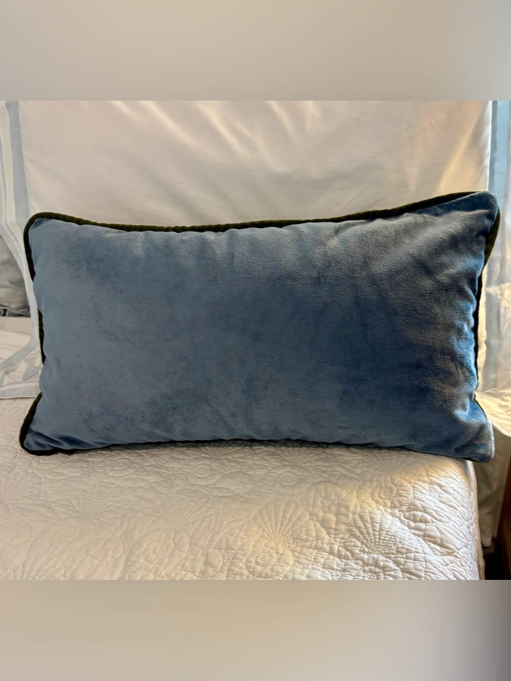 Plush Blue blue velvet Lumbar Pillow with green velvet Trim 12”x22”
